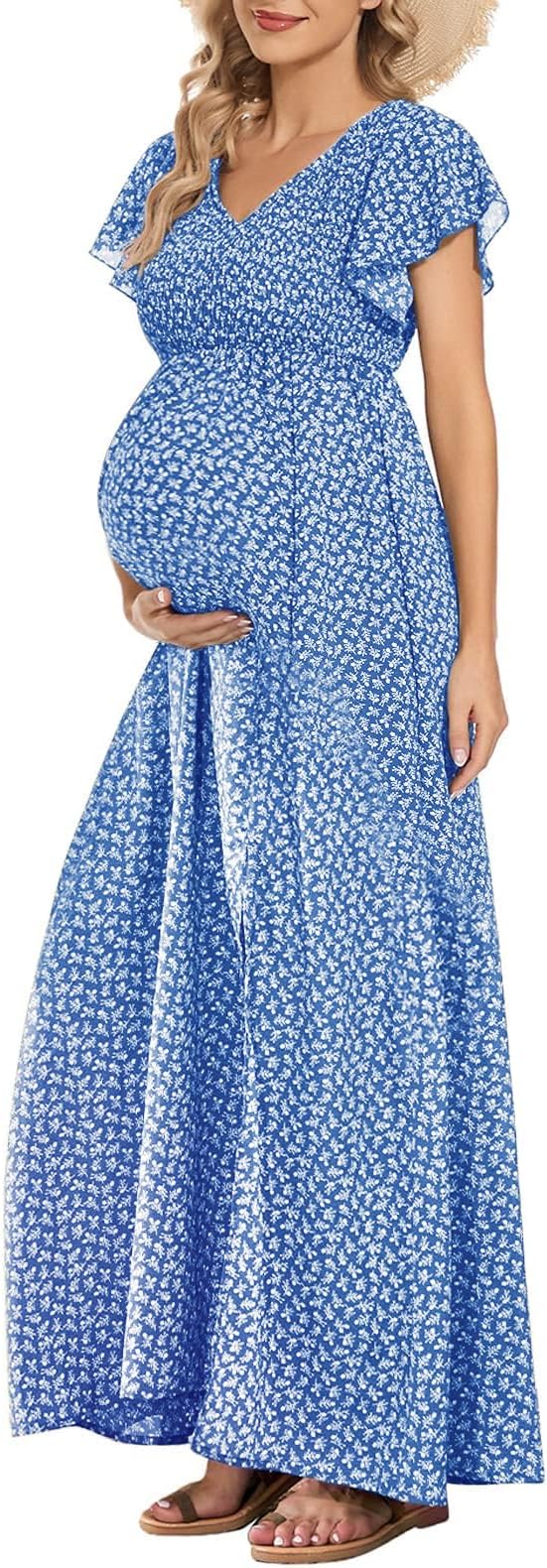 Floral Maternity Dress Square Neck Puff Sleeve Smocked Boho Photoshoot Baby Shower Pregnancy Dresses