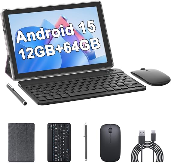 10 Inch Tablet Android 15 Tablets with Keyboard 64GB ROM+12GB RAM(4+8 expansion) Supports 1TB Expansion 2MP+8MP Dual Camera 6000mAh 5G WiFi-6 Tableta, 2 IN 1 Tablets with Mouse/Case/Stylus/ Keyboard