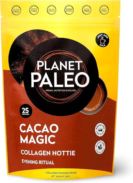 Planet Paleo Pure Collagen - Cacao Magic (264g, 25 Servings) | Nutritious, Protein-Rich Alternative to Hot Chocolate | Protein Pack Collagen Drink | Free from Dairy, Gluten and Sugar