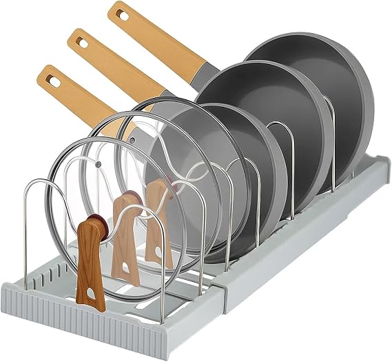 Expandable Pan Lid Organiser Rack 7 Adjustable Dividers, Anti-slip Pantry Cupboard Organiser Kitchen Drawer Bakeware Plate Holders for Pots, Pans, Chopping Board, Saucepan, Baking Trays (7 Tier)