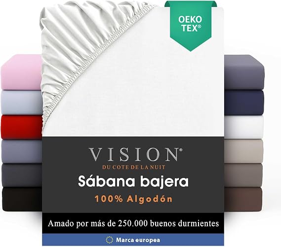 VISION Fitted Sheet - 100% Cotton - Double Bed (180 x 200 cm) - Elasticated Corners - Fits Mattresses up to 30 cm - Oeko-Tex Certified - Machine Washable - Colour: White