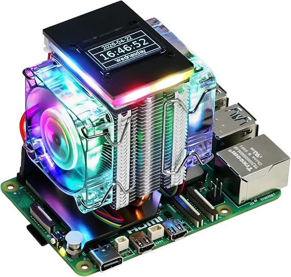 Freenove Active Cooler for Raspberry Pi 5 with 2 Fans and OLED Screen, Aluminum Heatsink with Heat Pipe, Dual PWM Fans with ARGB Light Sync, Multiple Cooling and Lighting Modes