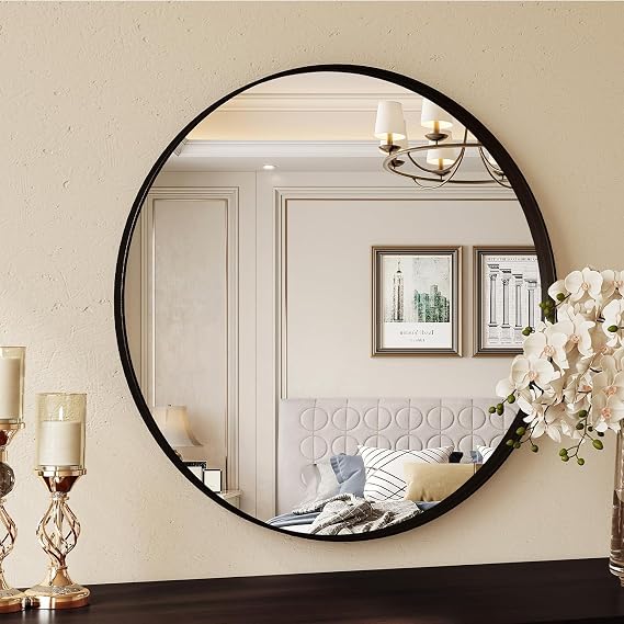 Clevich Round Wall Mirror 60cm, Black Framed Circle Mirror with Tempered Safety Glass, large Decorative Hanging Vanity Mirror for Wall, Hallway, Bathroom, Living Room & Bedroom Decor