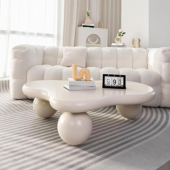 Modern Irregular Cloud Coffee Table - Wooden Cute Design with 3 Ball Legs, Easy Assembly for Living Room/Bedroom/Small Space (White, 100cm)