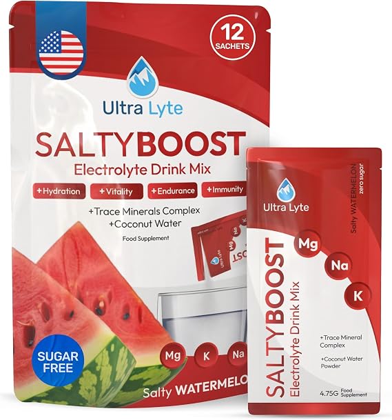 Ultra Lyte Electrolytes Drink Mix - Sugar-Free Salty Watermelon Powder - 12 Sachets with High Sodium, Trace Minerals, and Coconut Water - Hydration for Fitness, Endurance, and Wellness
