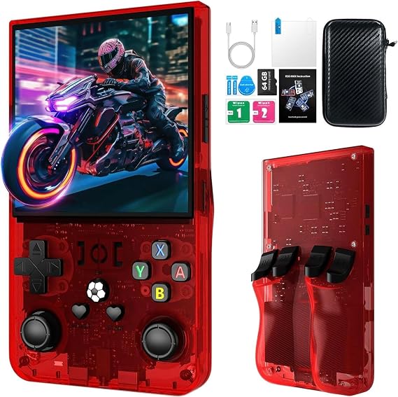 R36MAX Retro Handheld Game Console, 18000+ Classic Games, Multiple Emulators, Portable Gaming System with Carrying Case (Red)