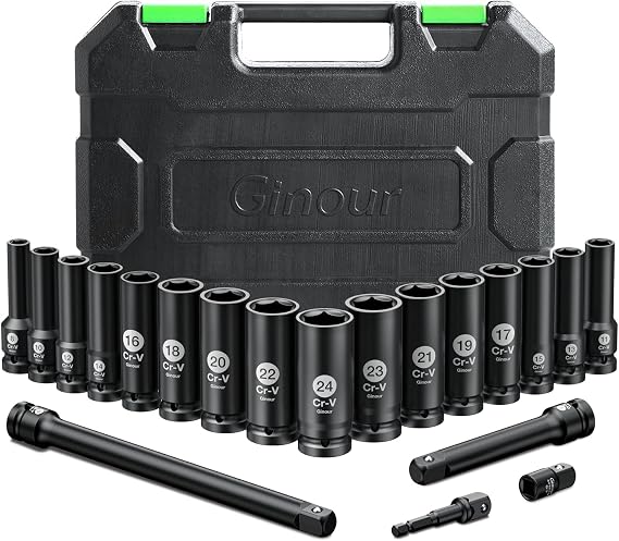 Ginour CR-V 20PC Impact Socket Set 1/2 Inch Drive with Extension Bars
