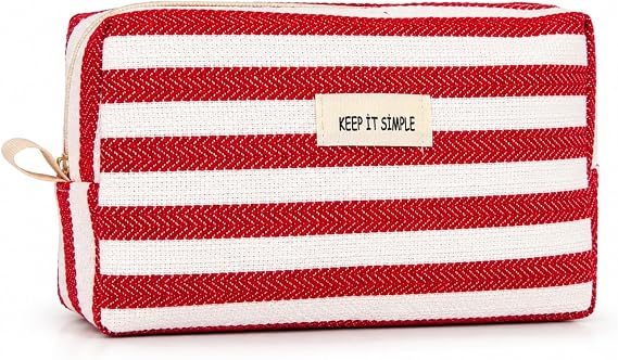 Keep It Simple Kırmızı Beyaz Çizgili Kanvas Makyaj Çantası - Şık Kozmetik Çantası, Seyahat Düzenleyici ve Çok Amaçlı Organizer Kese