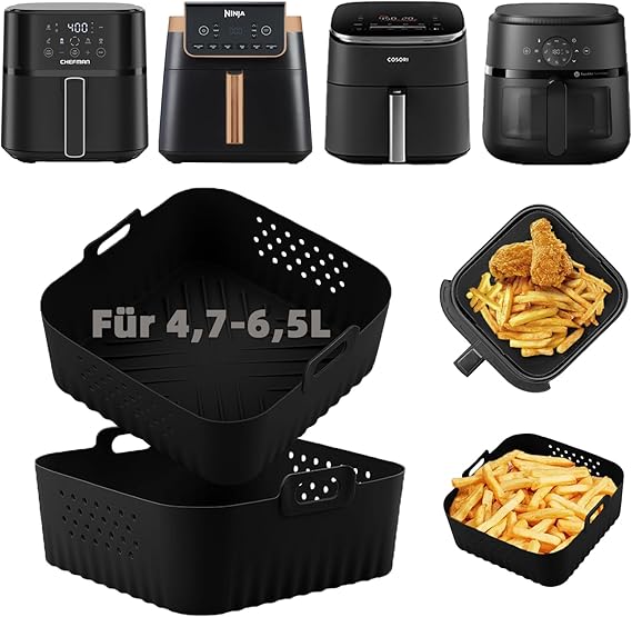 Airfryer Silicone Mould Pack of 2 Black Food-Grade Silicone Airfryer Accessories Silicone Mould Hot Air Fryer Suitable for Ninja AF180EU 6.2L/AF110EU 4.7L Balter HL-551T 5.5L Tefal 6.5L COSORI 6L