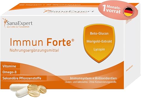 SanaExpert Immune Forte Vitamins and Minerals for the Immune System Omega-3 Fatty Acids Beta Glucan Marigold Extract Lycopin and Lutein 1 Month Pack of 90 Capsules (69 g) 4260423960084 1 90