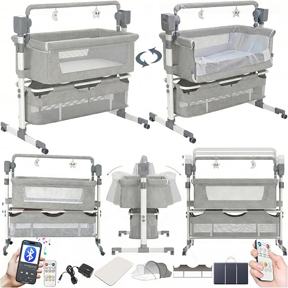 Electric Bluetooth Smart Next to Me Crib, Foldable Convertible Baby Bedside Crib, Co-Sleeping Bassinet, Infant Bedside Sleeper Cradle with Music, Remote and 5 Swaying Gears (601 Light Grey)