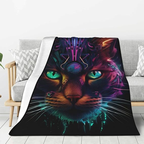 Throw Blanket for Couch Sofa and Bed, Super Soft Cozy Plush Throw Blanket, Futuristic Cat Warrior Lightweight Fuzzy Comfy Warm Flannel Blanket & Throws for All Season