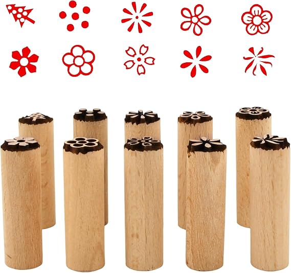 10 Pcs Natural Wooden Pottery Stamps - Column Wood Block Print Stamp Tools Set with Flower Patterns Engraved, Clay, Cute, Scrapbooking Stamps for Crafts and Cake Decorating (5x1.5cm)