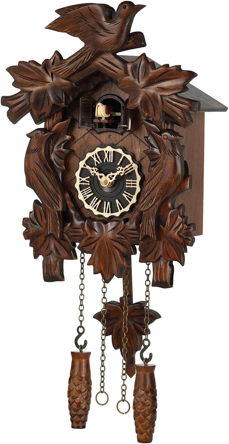 Kintrot Cuckoo Clock, Traditional Black Forest Handcrafted Wooden Quartz Clock for Wall Antique Decroration with Maple Leaf Pendulum, 12 Melodies, Night Sensor and Singing Bird