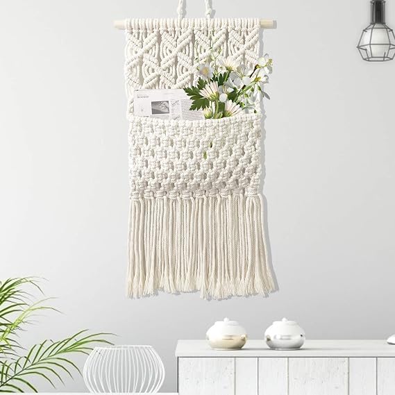 Macrame Wall Hanging Tapestry, Handmade Cotton Boho Wall Decor with Pocket