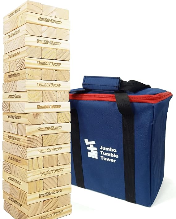 Jac & Mok Jumbo Tumble Tower Game | 60 Pieces Wooden Toppling Blocks Toys with Carrying Case | Premium Pine Wood Material (Builds from 60cm to 150cm