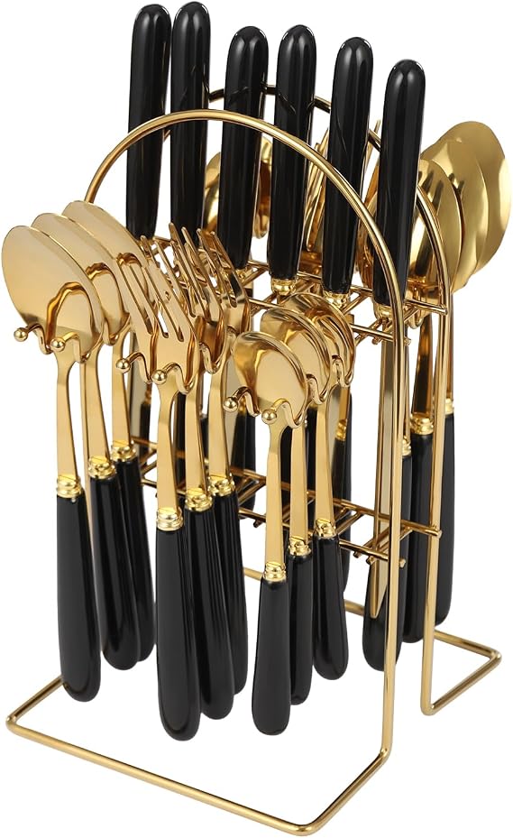 Cutlery Set 24 Piece Finish Stainless Steel Flatware with Blades, Ceramic Handles, Gold Iron Cutlery Storage Stand for Elegant Modern Dining and Kitchen Organization (Black)