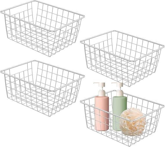 4 Pack White Wire Storage Metal Baskets for Pantry Organizer Storage