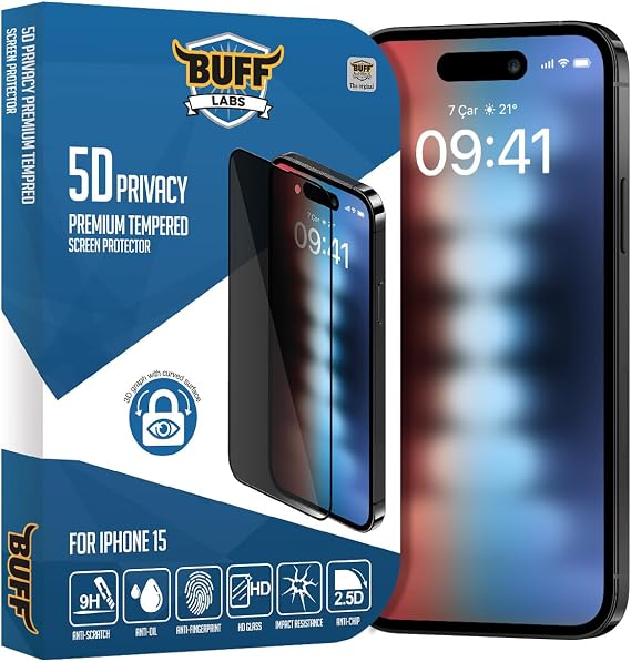 BUFF LABS iPhone 15 ile Uyumlu 5D Privacy Hayalet Ekran Koruyucu