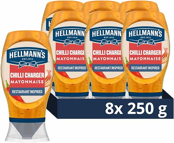 Hellmann's Chilli Charger Mayonnaise Condiment Made with free range eggs spicy mayo for burgers, sandwiches and chips 8x 250 ml