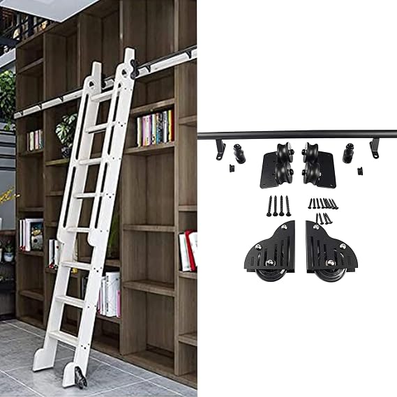 Rolling Library Ladder Hardware Kit for Home/Indoor/Loft 3.3ft- 24ft Sliding Ladder Library Hardware Rolling Track Full Set + Floor Roller Wheels w/Brake (No Ladder) - Complete Kit(16ft/488c
