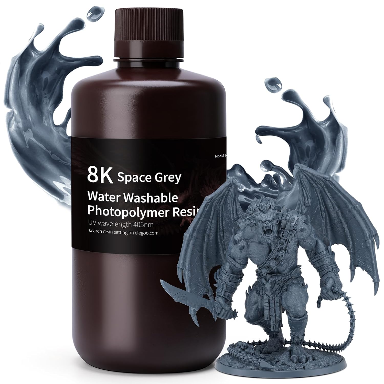 ELEGOO 8K Water Washable 3D Printer Resin 1000g Space Grey, 405nm Rapid UV Resin for Saturn 2 Fast-Curing Photopolymer Resin