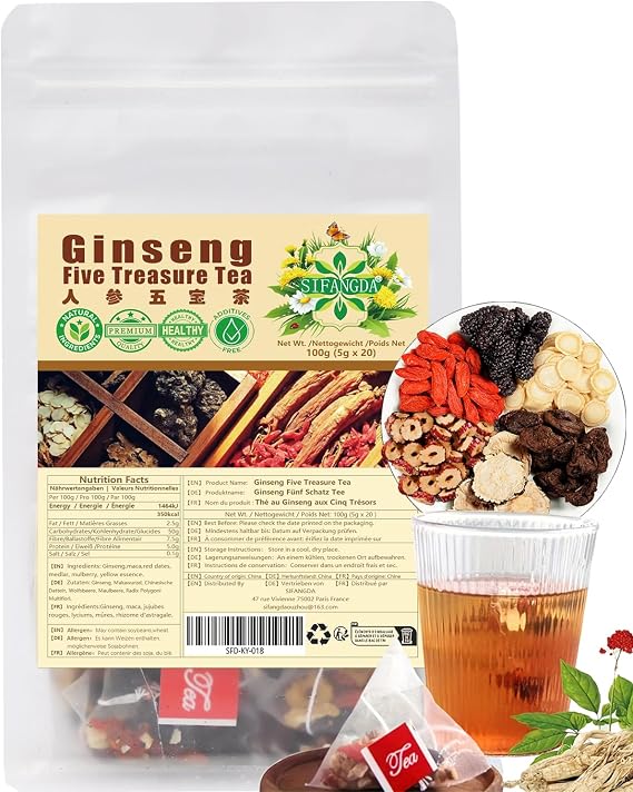 SIFANGDA Ginseng Ginseng Tea, 3.5 oz 100 g 5 g x 20 Packets, Men’s Nourishing Tea with Natural Ingredients such as Mulberry Seed, Kuko Seed, Yellow Hermon, Maca and Redfish, Individual Tea Bags