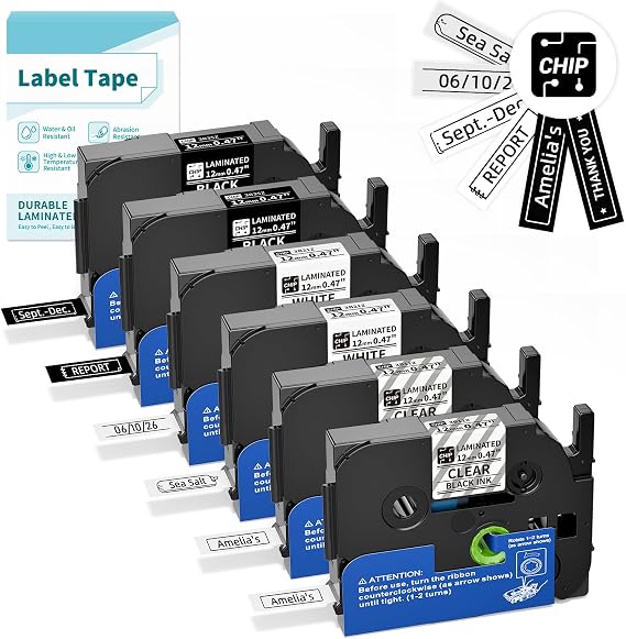 Label Maker Tape 12mm Compatible with H1100 PT-d210vp Label Printer | Replacement for Brother P-Touch Tze Tape 12mm, Compatible with Brother PT-H110 E110 H200 Label Printer, White/Clear/Black 6PK
