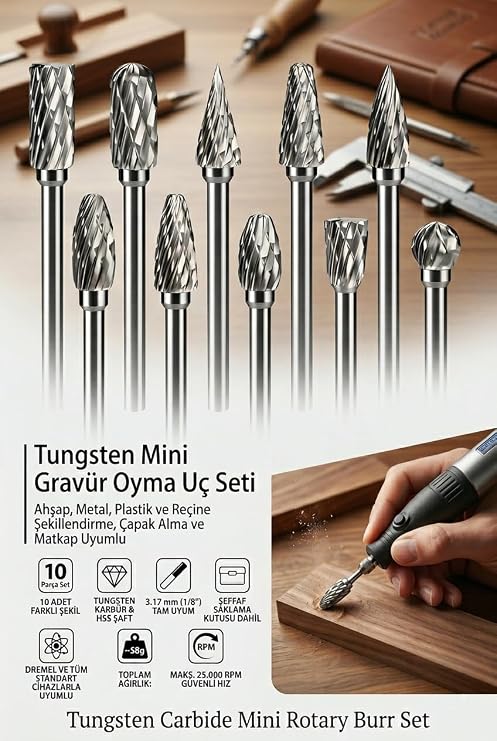 Transformacion 10'lu Mini Gravür Oyma Uç Seti - 3.17 mm Şaft Tungsten Karbür Freze Uçları - Ahşap, Metal, Plastik ve Reçine Şekillendirme, Çapak Alma ve Matkap Uyumlu Hobi Seti 722462