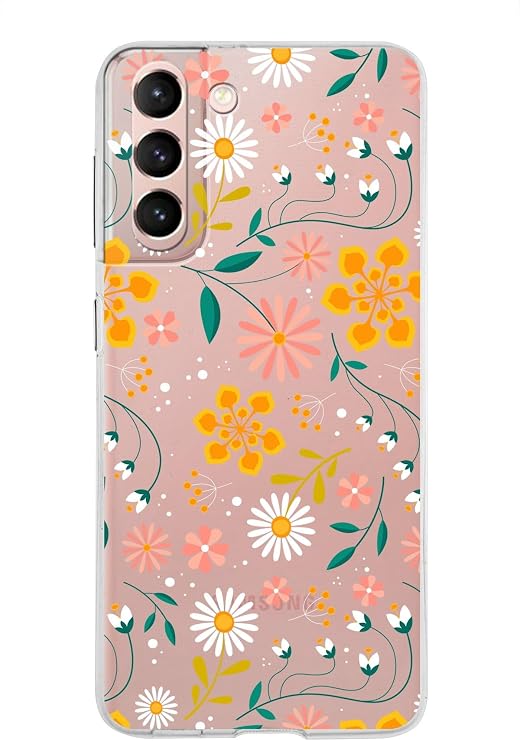 PrintiFy Samsung Galaxy S21 ile Uyumlu Kapak Çiçek Tasarımlı 1mm Fit Şeffaf Silikon Kılıf