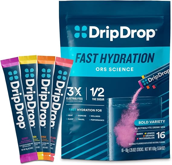 DripDrop Hydration - Bold Variety Pack - Electrolyte Drink Mix Single Serve Hydration Powder Packets - Watermelon, Berry, Lemon, Orange | Non-GMO, Gluten Free, Vegan | 16 Sticks