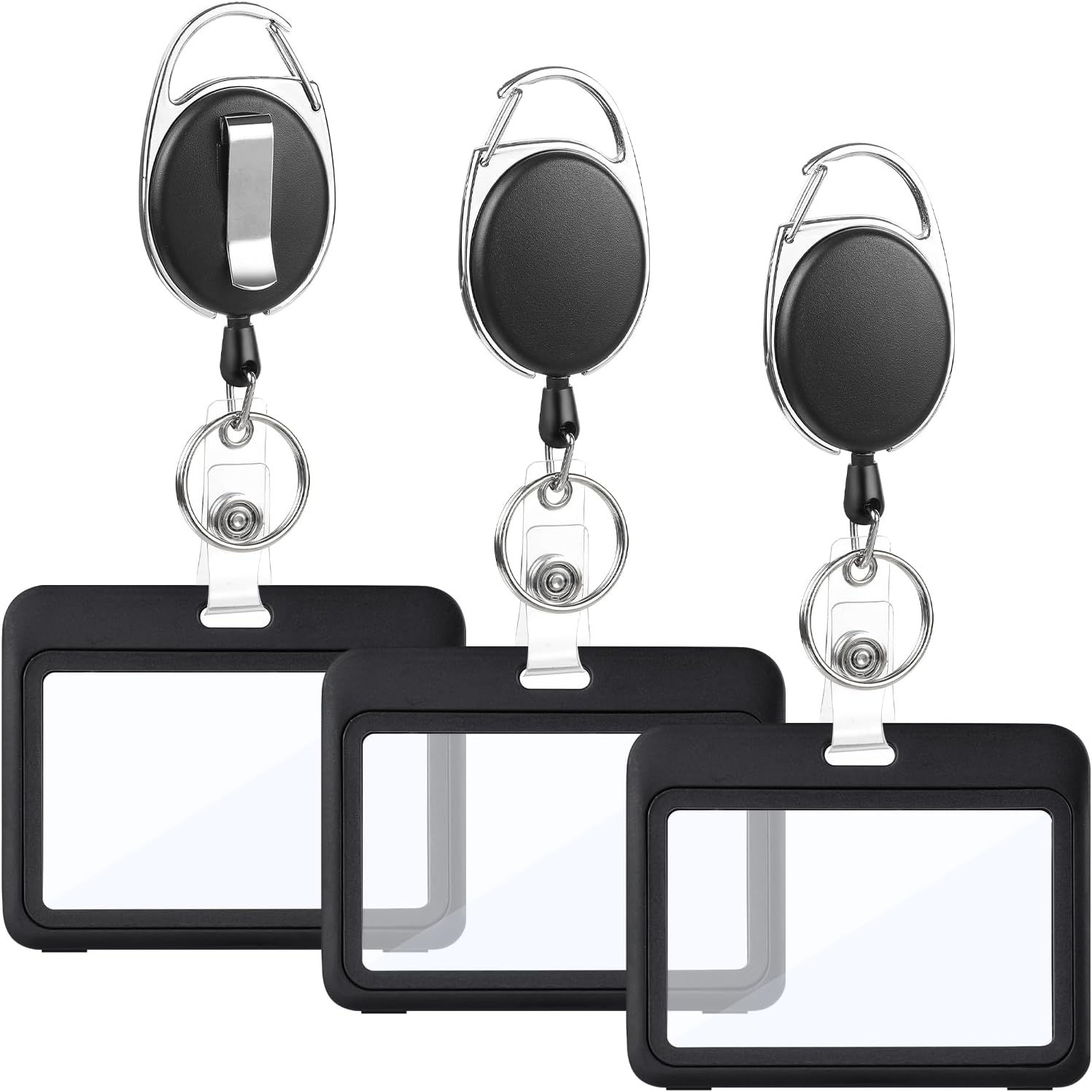 Hapric 3 Pack Badge Holder, Includes 3 Black Horizontal Double-Sided ID Card Holders and 3 Durable Retractable Badge Reels for Office, School, Hospital Staff, Nurses Card Holder