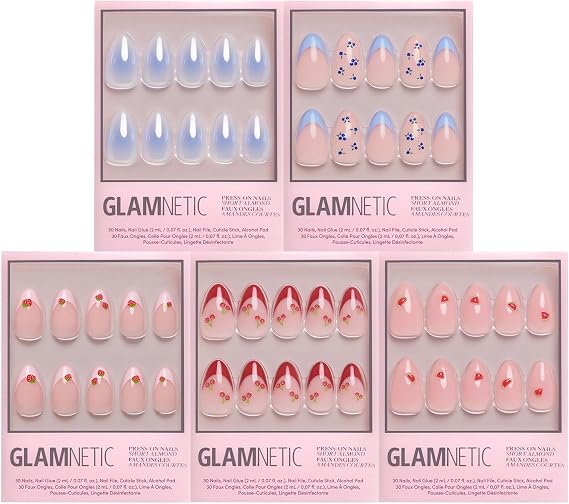 Glamnetic Press-On Nails Bundle - Fruit Stand Faves | 5 Short Almond Fake Nails with Cherry, Strawberry & Blueberry Details | Glossy Fruit-Inspired Designs | Durable, Salon-Quality Nail Kits
