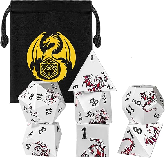 Metal Dice Set, Flat Face White Red Dragon Pattern, 7pcs Polyhedral Metal DND Dice Set, DND Starter Set, D&D Gifts with Gift Bag, Role Playing Board Games Accessories, White