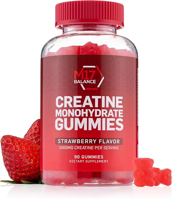 Creatine Monohydrate Gummy Bears - 5000 mg Creatine with BCAAs & L-Carnitine per Dose - for Muscle Building - Sugar Free, Anti-Melt Formula, Vegan, Gluten Free - 30 Servings (90 Count, Strawberry)