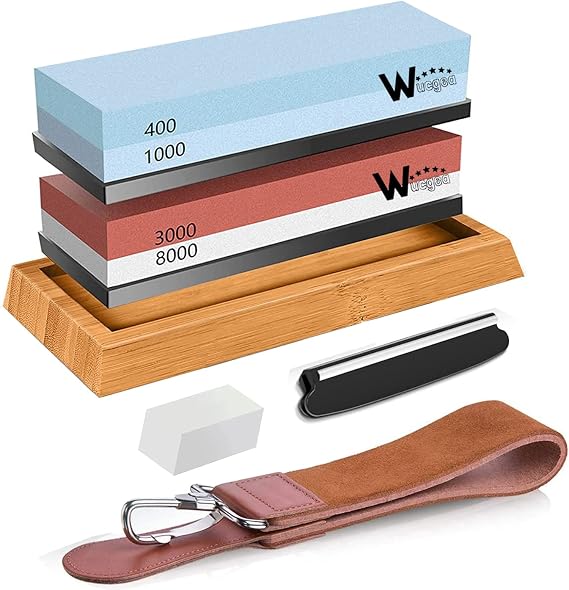 Professional Sharpening Stone Knives – 400/1000 3000/8000 Corundum 8 in 1 Sharpener with Non-Slip Base Silicone Angle Guide Stone Flattening Strap Leather