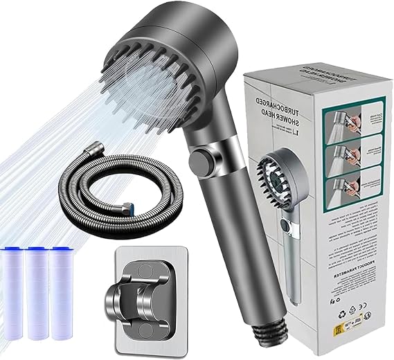 Hard Water Filter Shower Head with 15 Stage Filter,3+1 Spray Jet Modes High Pressure Shower Head and 1.5m Hose,Handheld Massage Shower Filter for Residual Chlorine Remove Reduce Dry Itchy Skin (Grey)