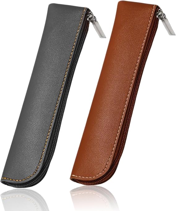 2PCS PU Leather Pencil Pouch, Slim Pencil Case, Black, Brown