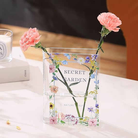 Book Vase, Book Vase for Flowers, Acrylic Book Shaped Vases for Tulips, Unique Vases for Home Decor, Modern Book Lover Gift for Office, Living Room, Bedroom, Bookshelf, Dining Table