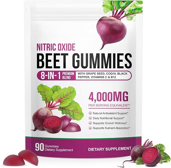 Beetroot Gummies for Blood Pressure, Heart Health Support, Energy Level Support, Promoting Nitric Oxide, Enriched with 200mg CoQ10 & Beet Root Extract, Vitamin B12, C, Sugar-Free, 90 Chews