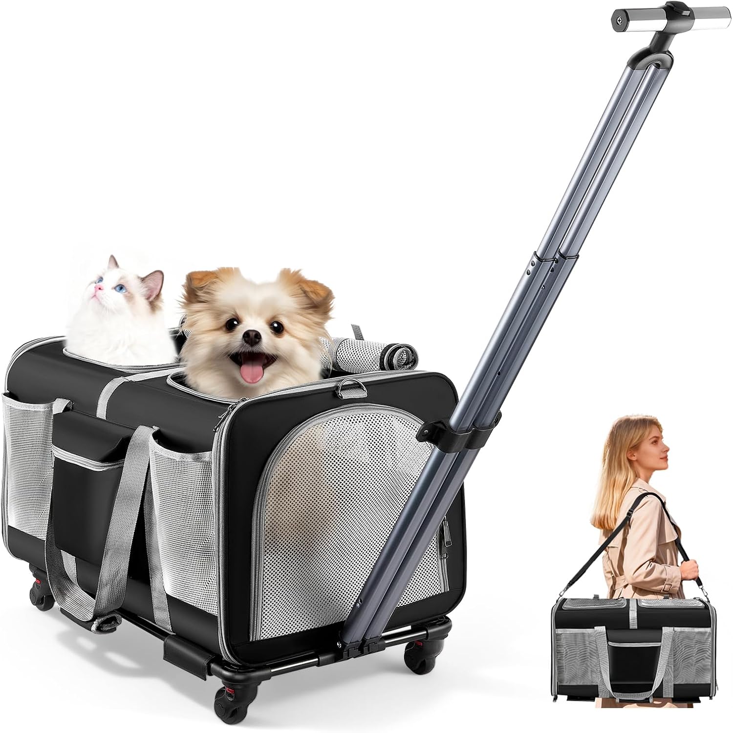 Large Cat Carrier with Detachable Wheels, Double-Compartment Rolling Pet Carrier for 2 Small CatsDogs, Foldable & Breathable Cat Carrier Bag for Up to 30 LBS, Perfect for TravelingHikingCamping