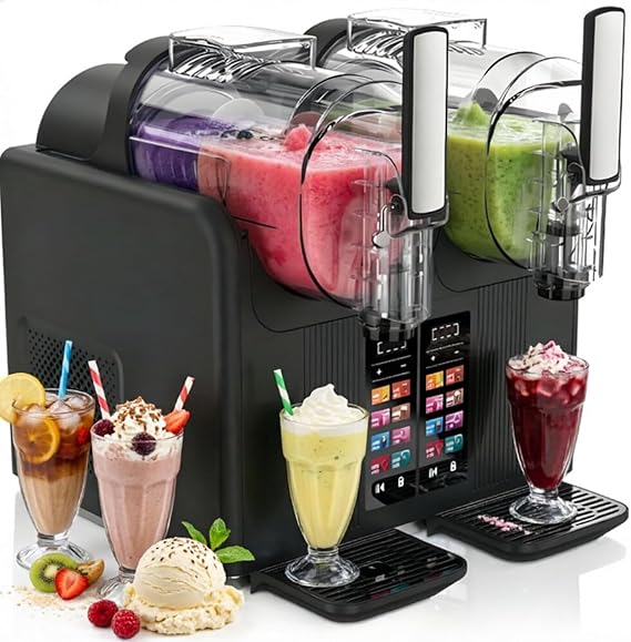 Slush and Ice Cream Maker, 430W Dual 2L/0.53 Gal Freeze Drink & Soft Serve Ice Cream Maker, 7 Preset Self-Chilling Slushy Maker with Real-Time Temp Display & Auto-Clean, for Cafes(Black)