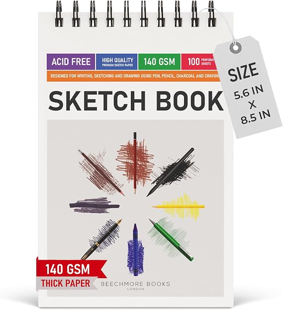 Beechmore Books 5.6x8.5 A5 Spiral Sketchbook 140 GSM 100 Perforated Pages