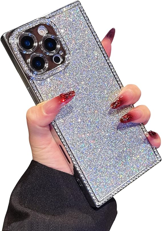 iPhone 16 6.1インチ用長方形美的グリッターフォンケース、ラグジュアリーレトロシャイニーキラキララインストーンフルカメラメッキ保護ガールズレディースカバー、iPhone 16 6.1インチ用、シルバー