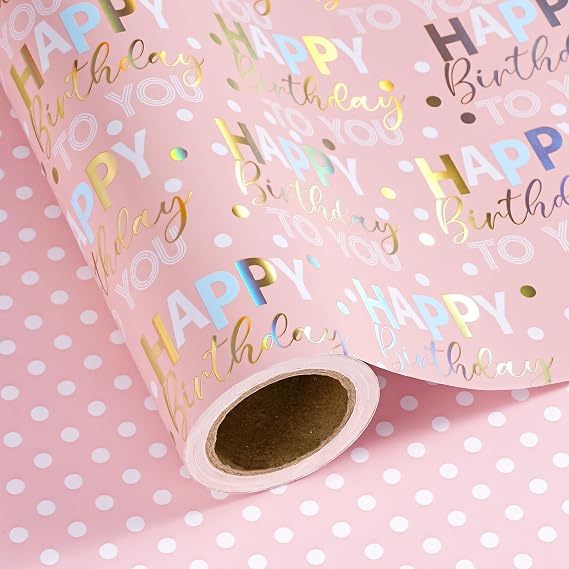 RUSPEPA Reversible Birthday Wrapping Paper - Mini Roll - 43.2cm x 3m - Rose Gold Foil and Iridescent Happy Birthday Wrapping Paper for Girls, Women, Baby Shower