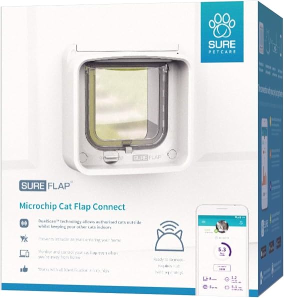 Sure Petcare SureFlap Microchip Cat Flap Connect, DualScan Technology, Mobile App Compatible, Install in Doors, Windows and Walls, White, Hub and 4 x AA Batteries Required, Not Included