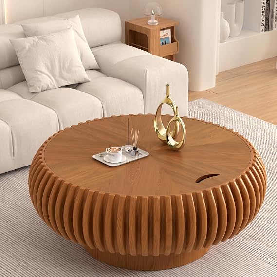 Round Fluted Coffee Table with Storage, Modern Wooden Circle Center Table | Mid Century Accent Table for Apartment, Balcony, Sturdy Construction, Easy Assembly (Brown, 80CM(31.5"))