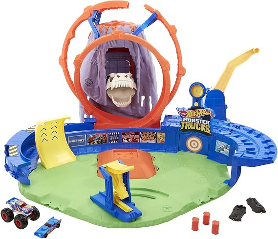 Hot Wheels Monster Trucks, T-Rex Volcano Playset with Lights and Sounds, Includes 1:64 Scale Race Ace Monster Truck and 1:64 Scale Die-Cast Toy Car, GYL14