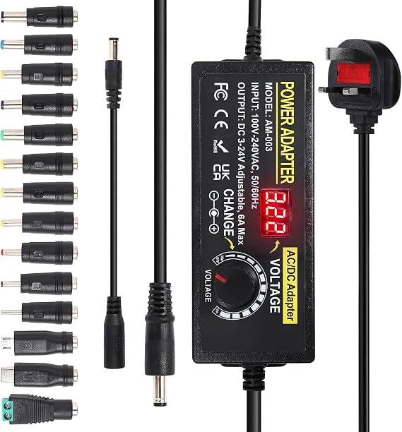 3V-24V 6A Adjustable Power Supply 144W Universal Adapter with 5.5 x 2.1mm Tip, 3V-24V AC to DC Power Supply for LED Strip Light