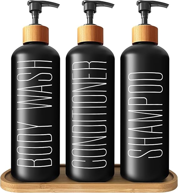 Black Glass Shampoo & Conditioner Dispenser Set with Bamboo Pumps & Tray - 3 Refillable Bottles for Shower, Pre-Labelled for Body